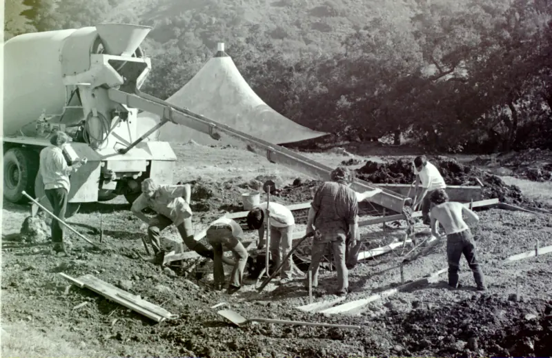 An original photo from CAED photo lab showing the digging and work of the foundation for the hydraulic house.