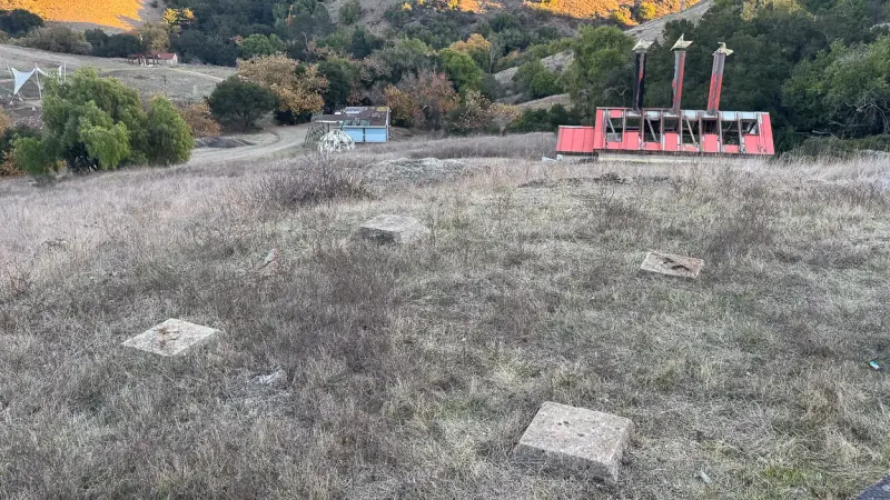 A modern day photo of the foundations for the tensegrity mass.