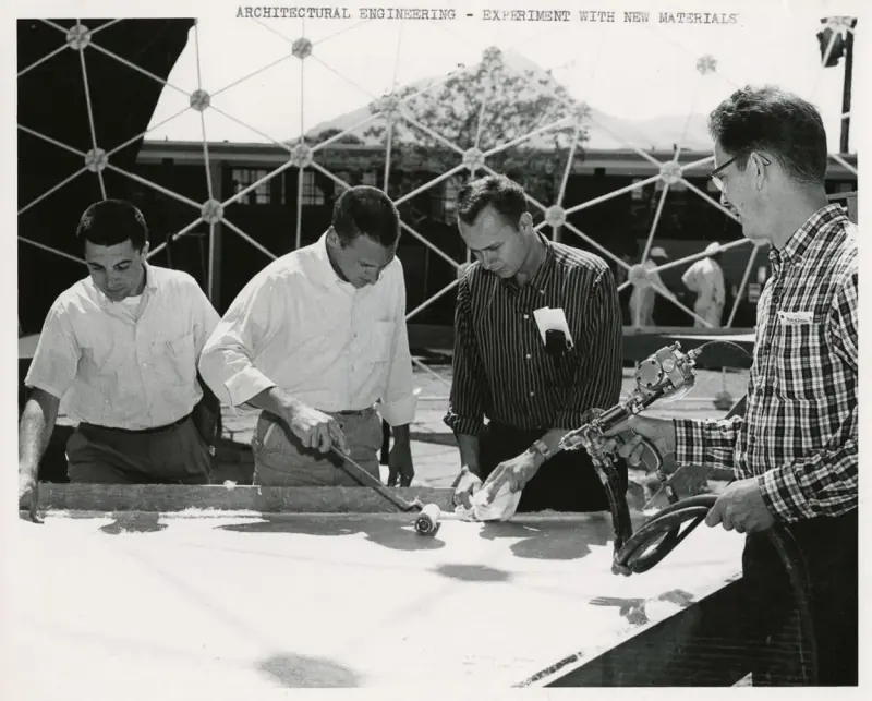 Students experimenting with materials inside the dome near the architectural engineering classrooms.