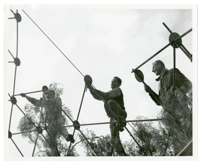 A climber working on the dome’s assembly in Poly Canyon.