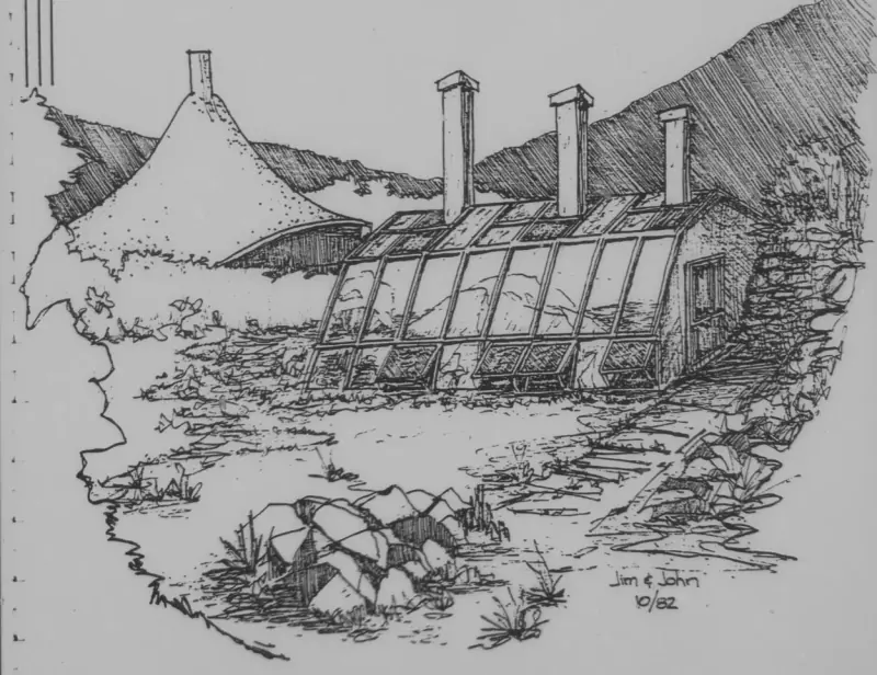 Original sketch of the greenhouse with the shell house visible in the background.