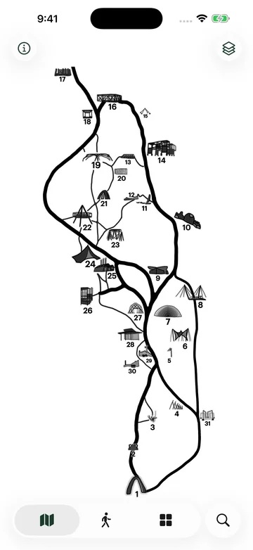 Explore on foot. Find paths and structures on the illustrated map.