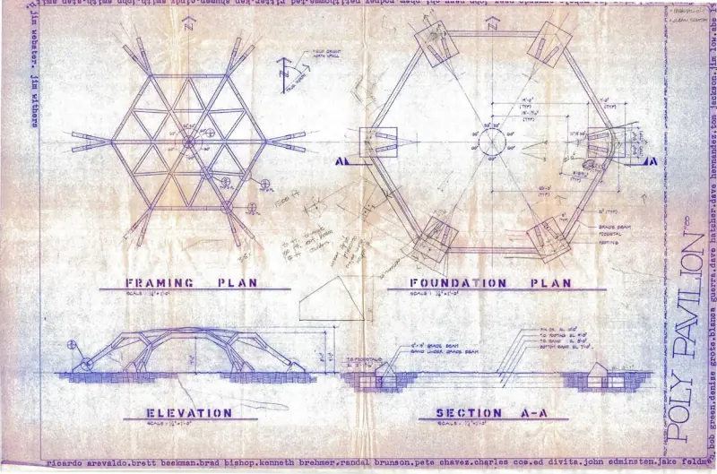 Original pavilion plans featuring builder names and final calculations.
