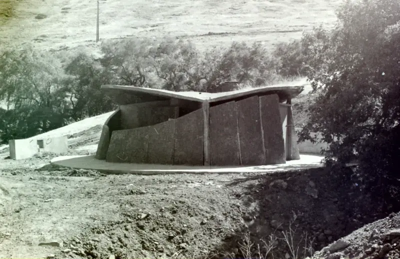 Restrooms just after construction, before paths were smoothed.