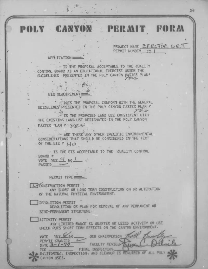 A Poly Canyon permit form submitted for the original build approval.